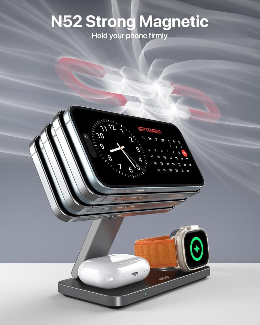 UEQ Foldable 3 in 1 Wireless Charging Station for Apple Magsafe Charger Stand,Fast Magnetic Wireless Charger Station for iPhone 17 Air 16 15 14 13 12 Series,Airpods Pro,Apple Watch Ultra (Pure Black)