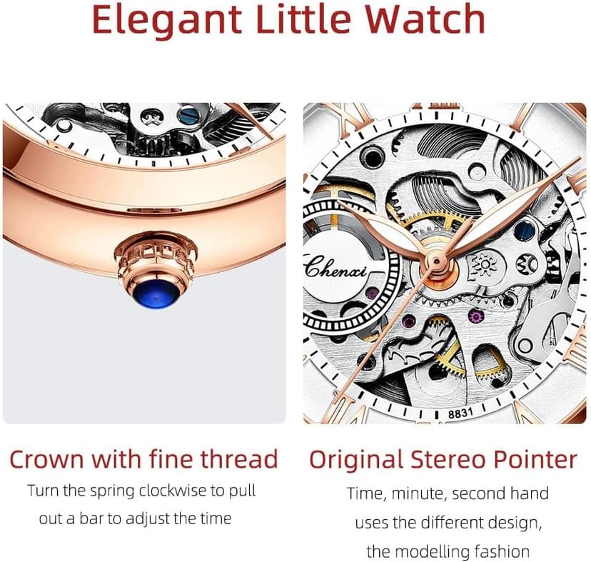 MASTOP Women's Sapphire Watches Automatic Steampunk Self Winding Mechanical Gold Bracelet Ladies Skeleton Wrist Watch Leather Strap for Ladies Famale