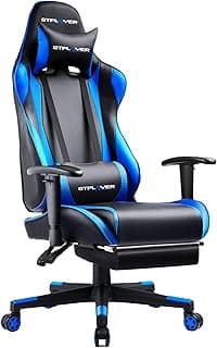 GTPLAYER Gaming Chair with Footrest, Ergonomic Computer Game Desk Chair, Reclining Game Chair Seat Height Adjustment, Swivel Rocker with Headrest and Lumbar (Blue)