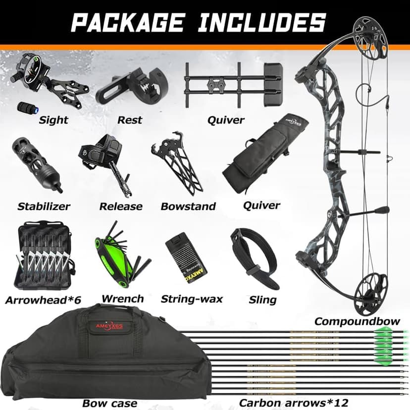 AMEYXGS Archery E8 Compound Bow Set for Adults and Teens RTH Hunting and Target Practice 19”-30” Draw Length,19-70 Lbs Draw Weight,up to IBO 320 fps,Limited Life-time Warranty
