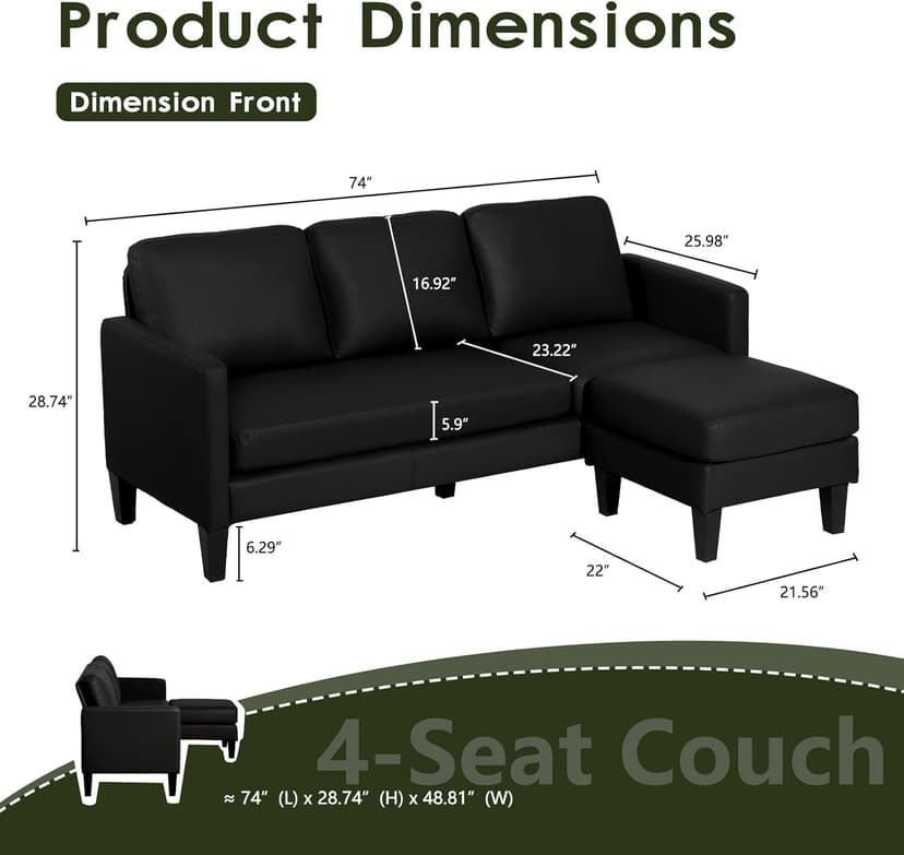 USSerenaY Faux Leather Sectional Couch, L Shaped Sofa with 3 Seater Couch and Reversible Chaise Convertible PU Leather Comfy Couches for Living Room (Black)