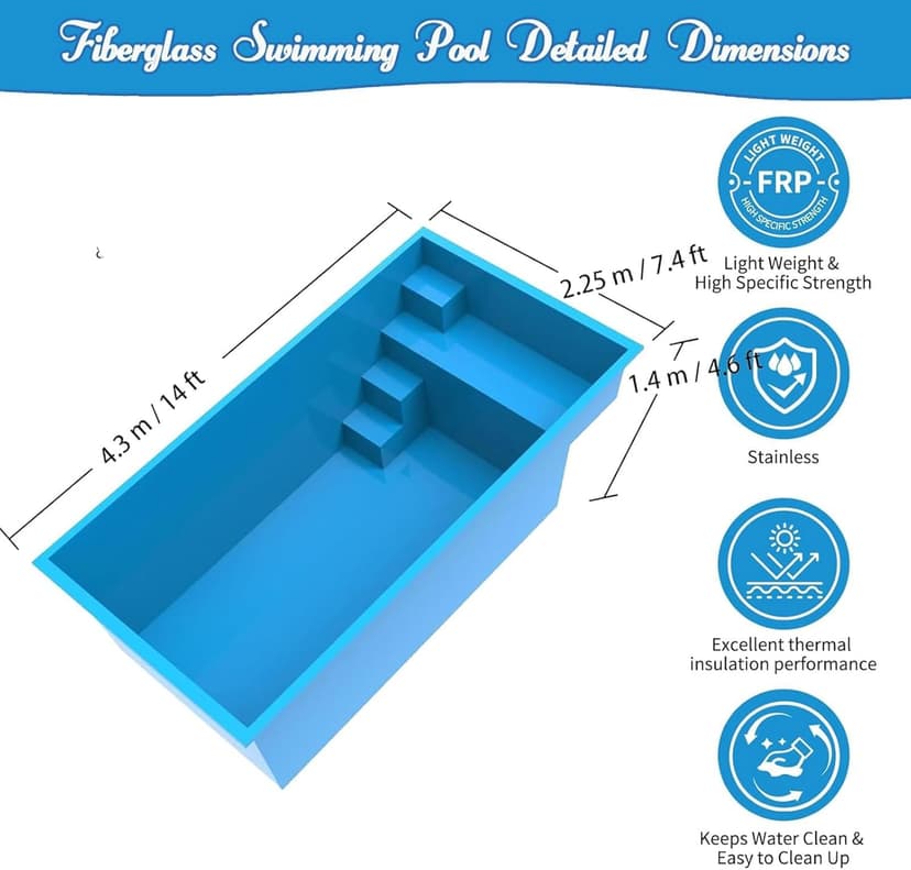 Fiberglass Pool Shells for Inground Pools | Fast Installation, Saltwater & Weather Resistant Rectangular 14ft x 7.4ft x 4.6ft