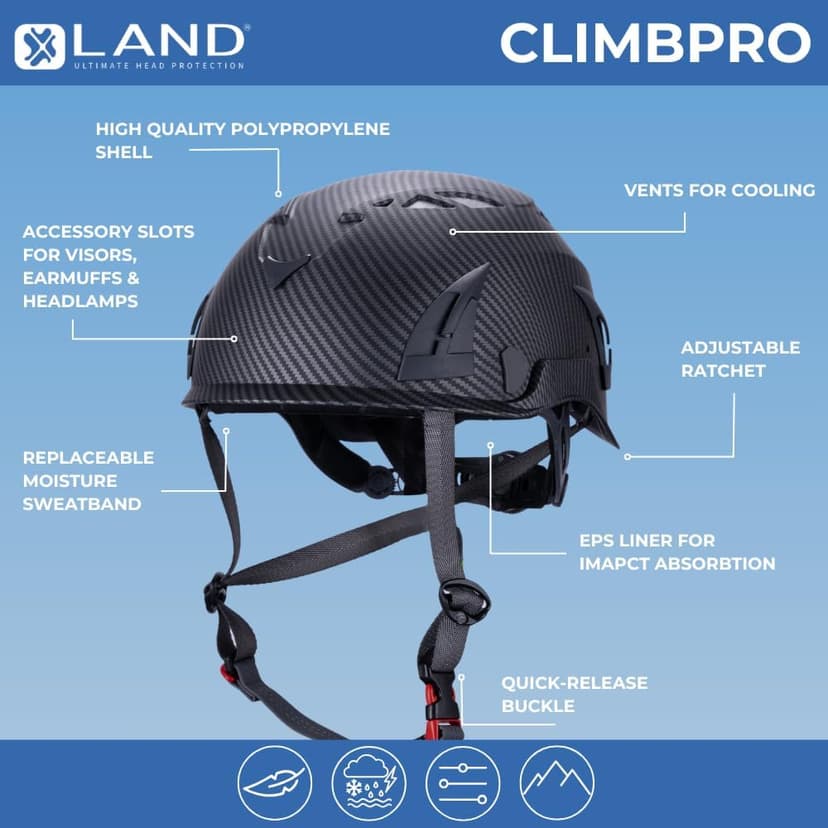 Land Helmets ClimbPro Helmet EN 12492 Vented for Rock Climbing – Durable, Lightweight Shell, Adjustable Chin Strap, Perfect for Outdoor Adventure with Universal Accessory Slots