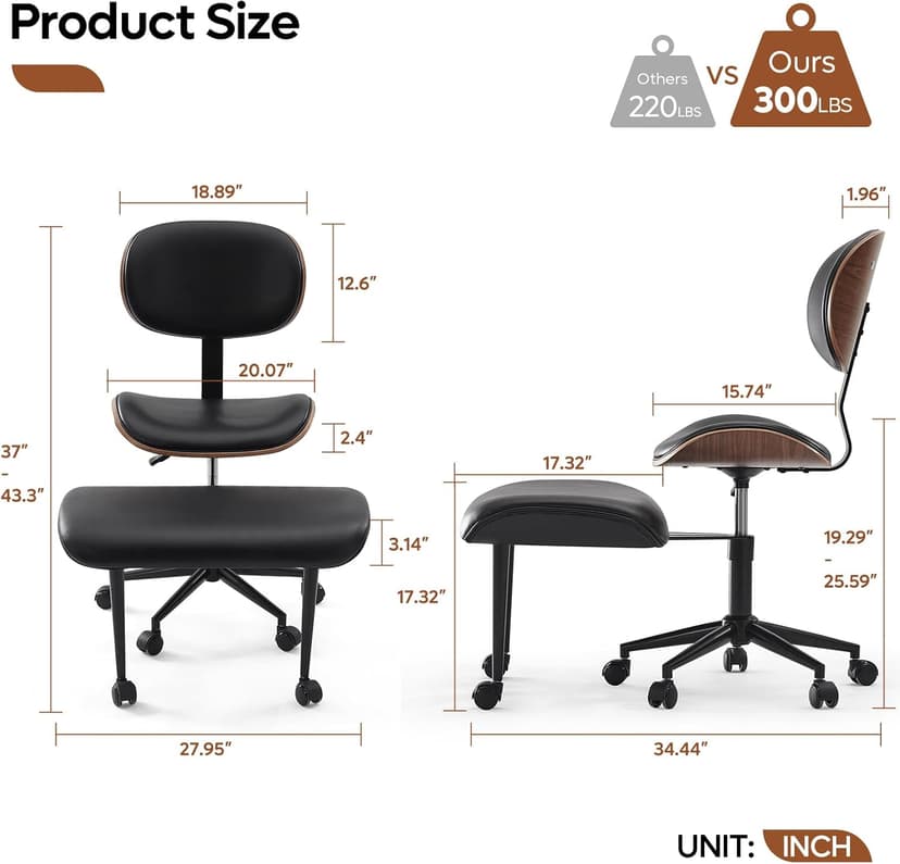 Bestier Cross Legged Office Chair with Wheels, Ergonomic Wide Meditation Chair for Adults up to 300 lbs, 360° Swivel Seat for ADHD, Strong Lumbar Support for Kneeling Meditation Black PU Leather