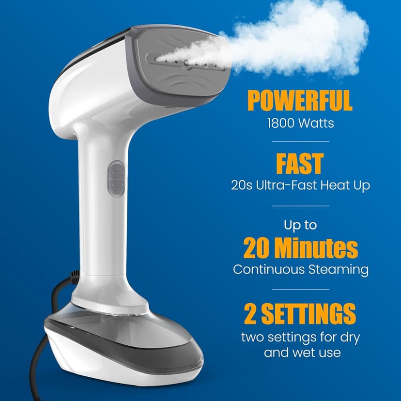 Powerful Handheld Fabric Steamer - 1800W with Fast Ceramic Heat-Up Plate, 2-in-1 Ironing & Wrinkle Remover, Steam Nozzle, Lint Brush - White, for US 120V Only