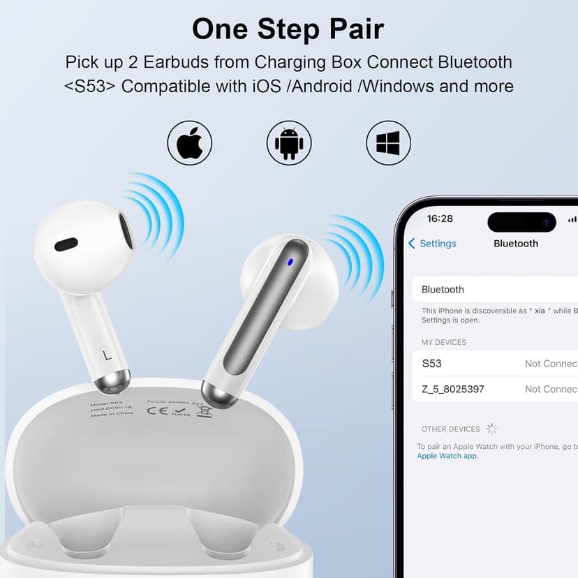 Wireless Earbuds Bluetooth Ear Buds for iPhone 17 16 Pro Max 16e 16 Plus 16 15 Pro Max 15, V5.3 48H Wireless Headphones with LED Display Charging Case IPX7 Waterproof Earphones for Samsung A16 A36 S25