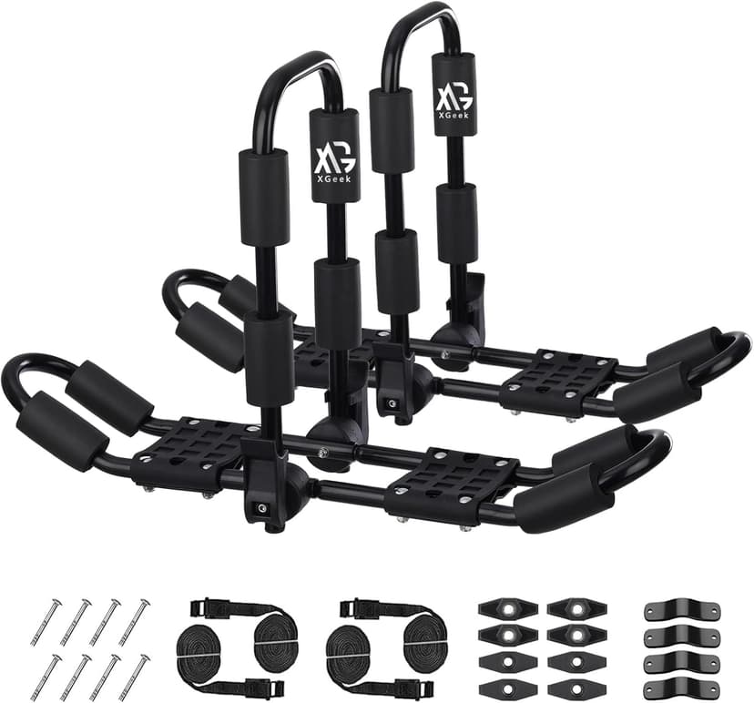 XGeek Kayak Roof Rack 4-in-1 Set of 2 for Kayak, Surfboard, Canoe and Ski Board Rooftop Mount Carrier Folding Adjustable Bilateral J-Style Rack on SUV, Car and Truck