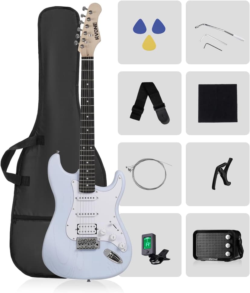 RVONE RST-150 39”Beginner Electric Guitar Kit with Amplifier, Classic HSS Pickup, Electric Guitar with Gig Bag, Capo, Strap, Extra Strings, Digital Tuner, 3 Picks, Cleaning Cloths (1-Blue)