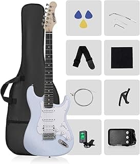 RVONE RST-150 39”Beginner Electric Guitar Kit with Amplifier, Classic HSS Pickup, Electric Guitar with Gig Bag, Capo, Strap, Extra Strings, Digital Tuner, 3 Picks, Cleaning Cloths (1-Blue)