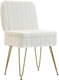 Vanity Chair with Storage, Comfy Ottoman with Folding Back, Faux Fur Vanity Stool with 4 Metal Legs for Make Up, Furry Padded Seat with Anti-Slip Feet for Bedroom Dressing Room