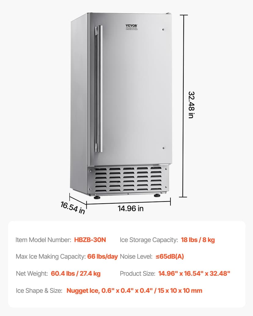 VEVOR Under Counter Ice Maker, 66 Lbs/Day Under Counter Stainless Steel Nugget Ice Makers Machine with Drain Pump, Reversible Door, 18 Lbs Storage, Freestanding Ice Maker for Commercial Home Kitchen