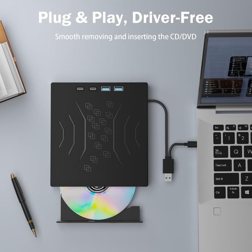 7 in 1 External DVD Drive, External CD/DVD Drive for Laptop USB 3.0 & Type-C, Portable CD/DVD +/-RW Disk Drive, CD/DVD Burner CD ROM External Drive for Laptop Desktop PC Windows 10/11 XP Mac Linux