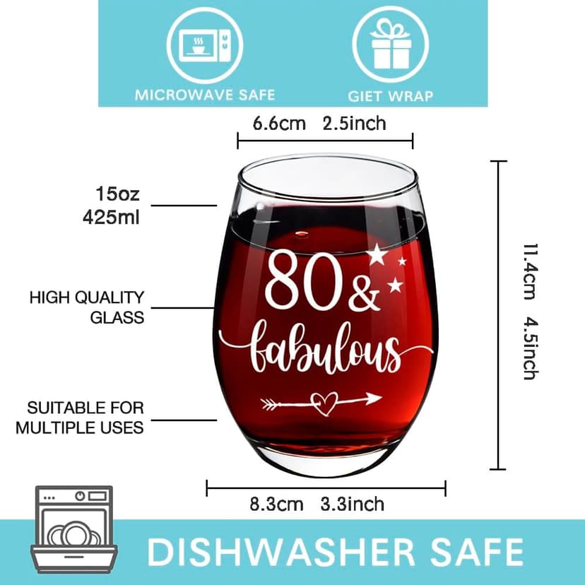 80th Birthday Gifts for Women Her - 80 Fabulous Wine Glass Turning 80 Years Old Gift, Unique Happy 80th Birthday Gifts for Her, Mom, Wife, Friends, Sister, Female, Coworker, Grandma, Aunt