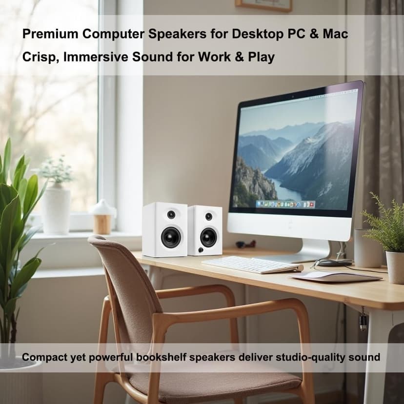 Computer Speakers for Desktop PC, 60W Bluetooth 5.3 Stereo 2.0 System with Bass, Compact Powered Bookshelf Speakers for Office, Monitors, Laptop, Gaming, TV, Gifts (White, Pair)