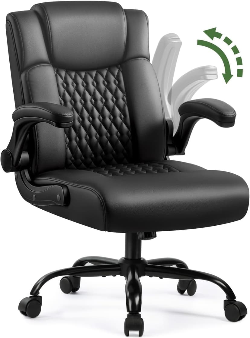 Executive Office Chair, Ergonomic Home Office Desk Chair with Lumbar Support & Flip-up Armrest, PU Leather Computer Seating for Shorter Users, Black