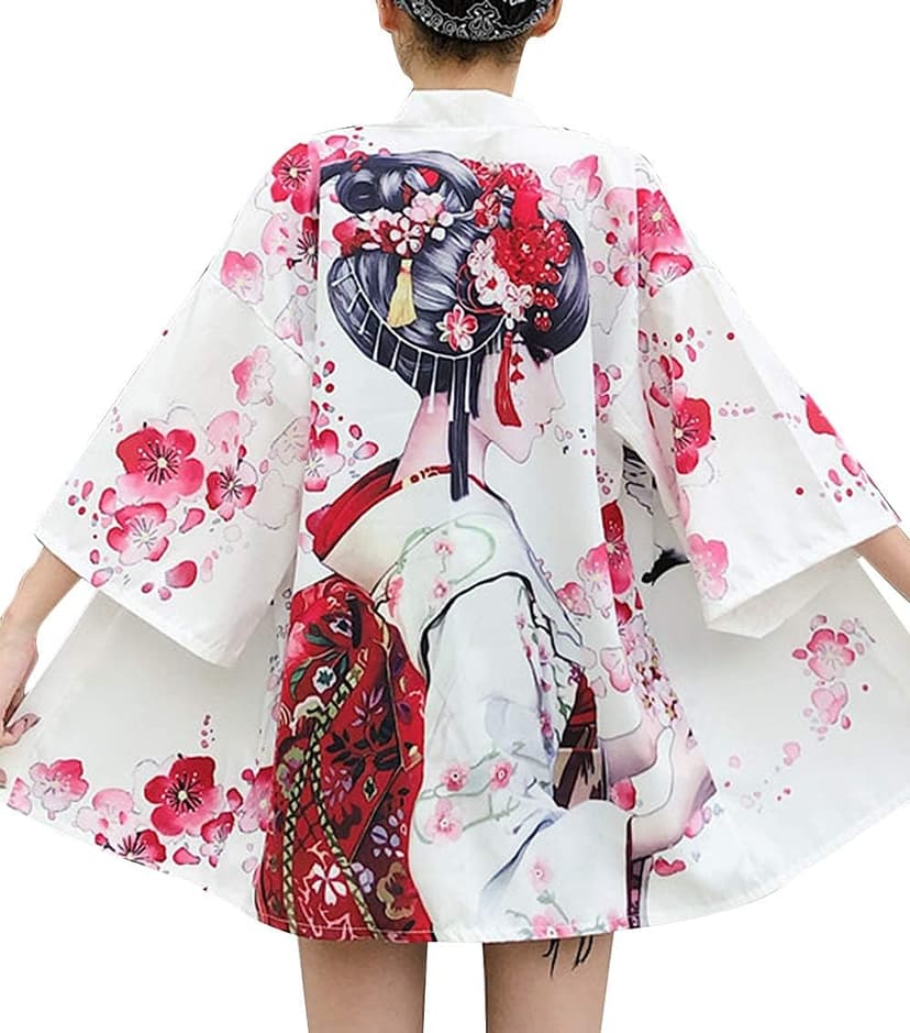 LAI MENG FIVE CATS Women's Floral Print Puff Sleeve Loose Blouse Japanese Kimono Cover up Casual Cute Tops