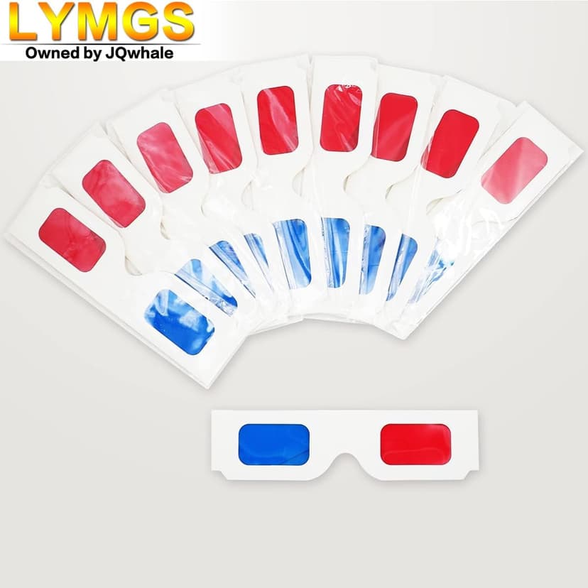 10 Pairs 3D Paper Glasses, Red and Cyan Lens in White Frame Anaglyph Cardboard for Movies - Folded in Protective Sleeve