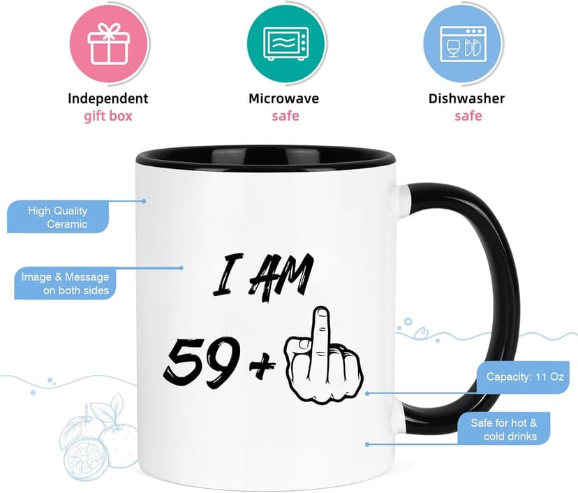 YHRJWN - 60th Birthday Gifts for Men Women, I Am 59 Plus Middle Finger Coffee Mug for Dad Mom Friends, Birthday Gift Ideas for 60 Year Old Woman, White 11 Oz Mug with Black Handle
