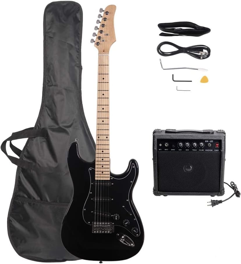 Pinikuyiro Electric Guitar 39" Complete Beginner Starter kit Full Size with 20w Amp,w/Strap,Bag,Guitar Amplifier,Power Wire,Plectrum,Tremolo Bar (Black)
