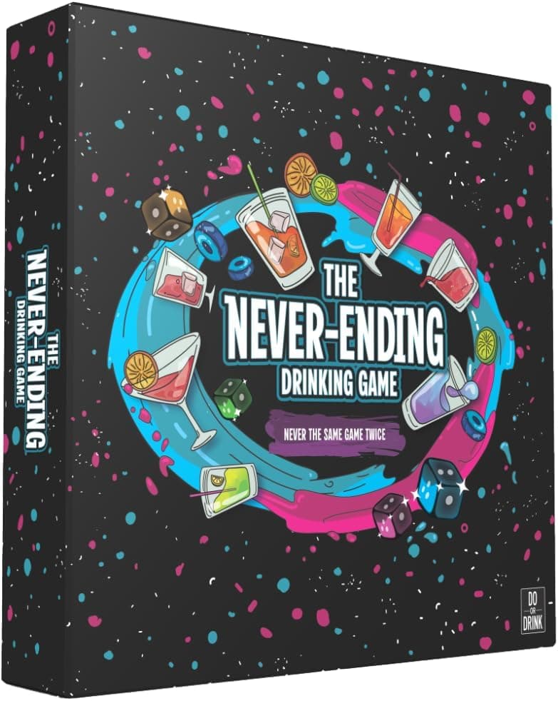 The Never-Ending Drinking Game Board Game For Adults 21+ – Dice & Dare Party Game for 2+ Players, Funny Adult Drinking Game for Parties, Pregames & Birthday Game Night, Spill-Proof Rubber Board