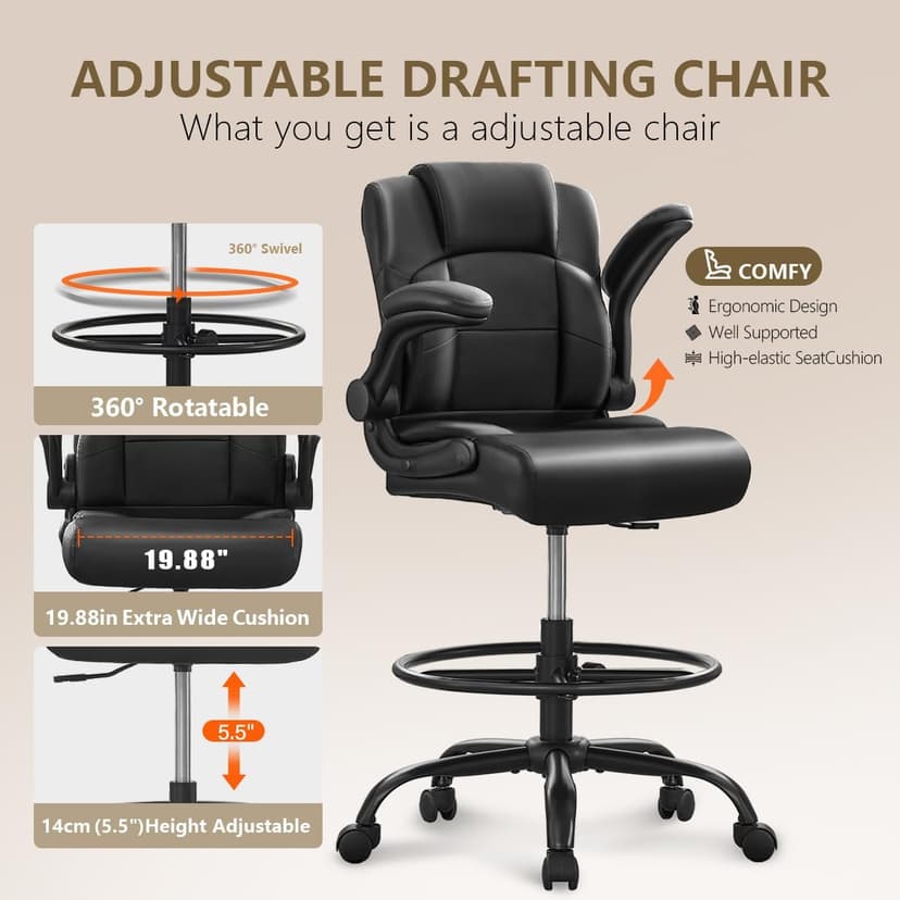 BOSMILLER Drafting Chair,Tall Office Chair for Standing Desk with Adjustable Height,Counter Computer Chairs with Footrest for Home,Drawing or Counter Height Use