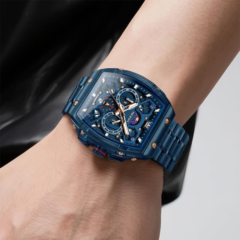 OLEVS Watches for Men Analog Quartz Luxury Diamond Waterproof Chronograph Stainless Steel Big Face Square Date Moon Phase Roman Numeral Dress Watch for Men