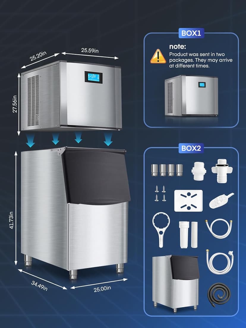 Commercial Ice Maker Machine 500LBS/24H, 350LBS Stainless Steel Storage Bin, 182 Ice Cubes in 10-15min, Self-Cleaning, Air Cooled Ice Machine with LCD Touchscreen for Bar Business Cafe (500 lbs)