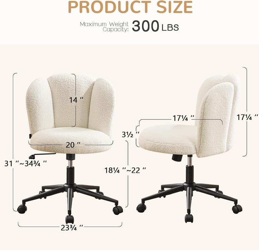 Furniliving Velvet Vanity Chair with Wheels, Adjustable Height Swivel Desk Chair& Lumbar Support, Armless Upholstered Makeup Chair for Bedroom Home Office Study Room (White, Flower)