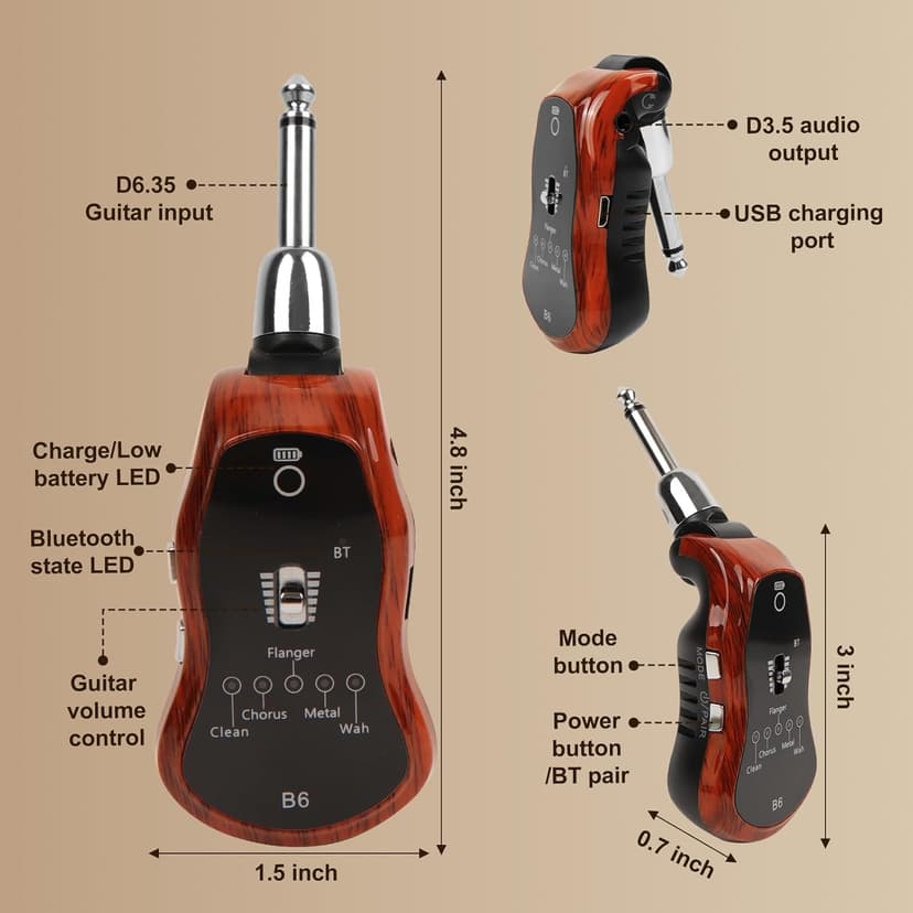 OW Portable Headphone Amp Synthesizer Pocket Plug Amplifier Rechargeable for Electric Guitar with Bluetooth Receiver Support 5 Effects: Clean/Chorus/Flanger/Metal/Wah