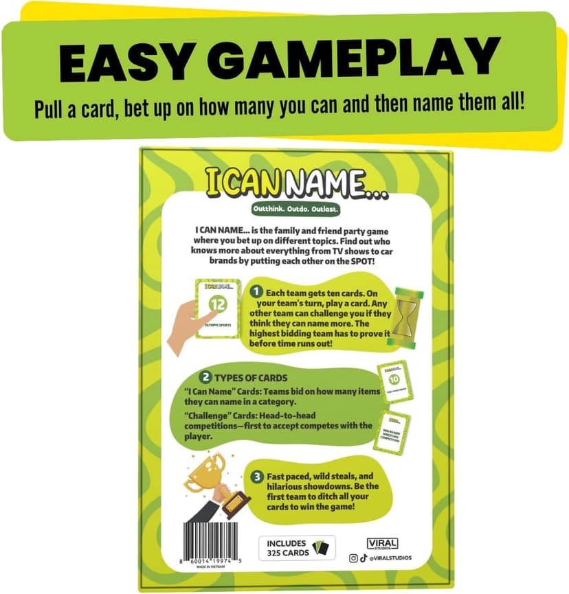 I Can Name... | Fast-Paced Family Party Game of Bidding & Brainpower | Hilarious Card Game Night, Party Game for Teens, and Adults, for Groups and Gatherings | 325 Fun Challenge Cards