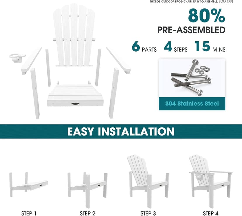 THOEOE Stackable Adirondack Chair Set of 4, HDPE All-Weather Adirondack Chairs - Durable and Space Saving, Plastic Outdoor Fire Pit Chairs with Cup Holder,White