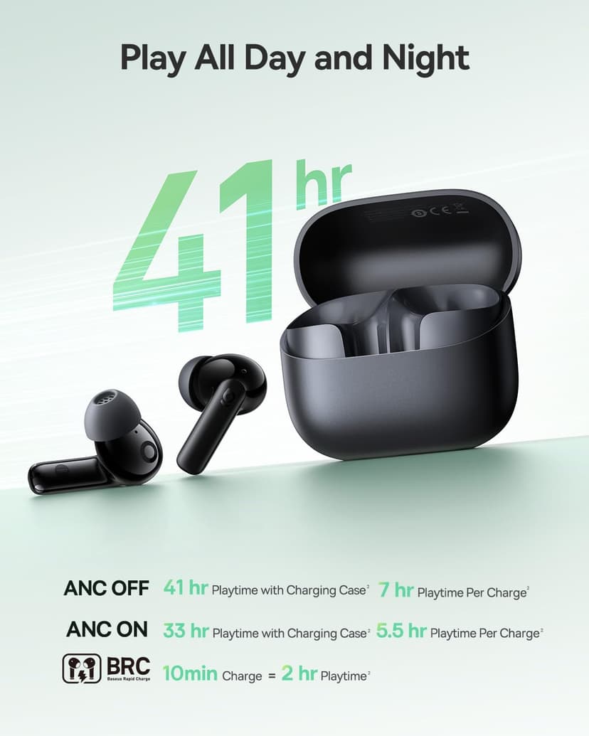 Baseus Bass BP1 NC Hybrid Active Noise Cancelling Wireless Earbuds, 12mm Super-Bass Driver, 41H Playtime, Bluetooth 6.0, IP55 Waterproof, 4-Mic AI ENC, 24 Customizable EQ