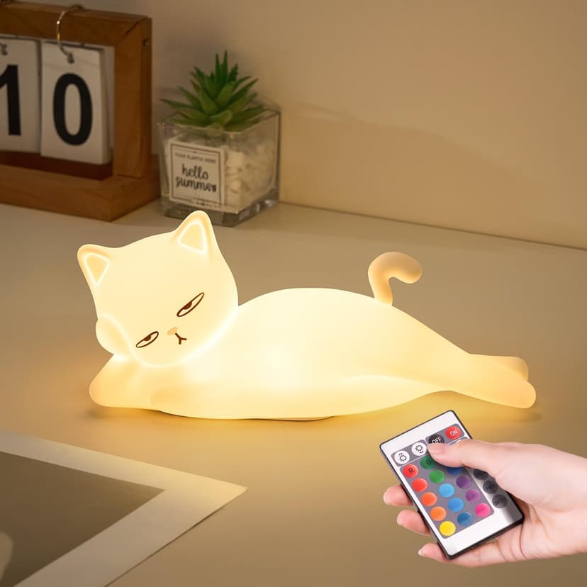 Lying Cat Lamp Funny Gifts, 16 Colors+5 Dimming+Silicone Random Stuff, Touch+Remote+Recharge Night Light, Unique Cool Lamp,Cute Weird Stuff, Squishy Cat White Elephant Gifts for Women/Men/Teens/Kids B0CH9K8NST