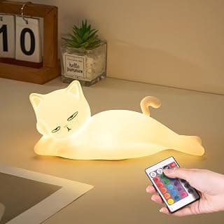 Lying Cat Lamp Funny Gifts, 16 Colors+5 Dimming+Silicone Random Stuff, Touch+Remote+Recharge Night Light, Unique Cool Lamp,Cute Weird Stuff, Squishy Cat White Elephant Gifts for Women/Men/Teens/Kids B0CH9K8NST