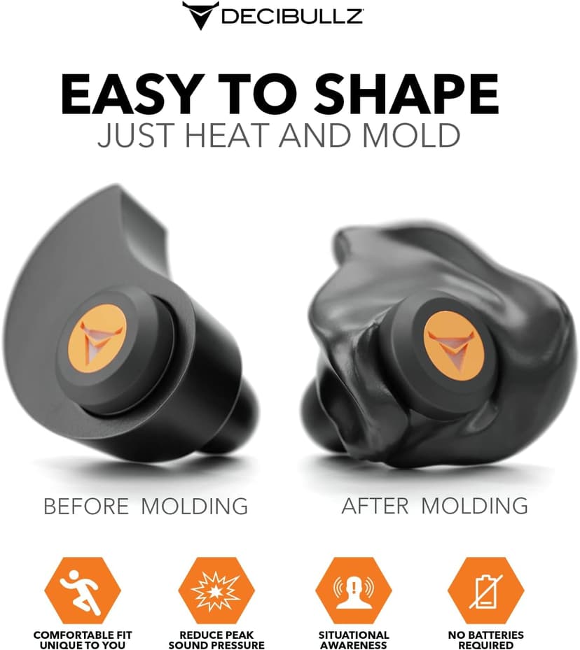 Decibullz Percussive Moldable Earplugs for Hunting & Shooting, Gun Range Hearing Protection for Shooters, Reusable Ear Plugs for Shooting Range
