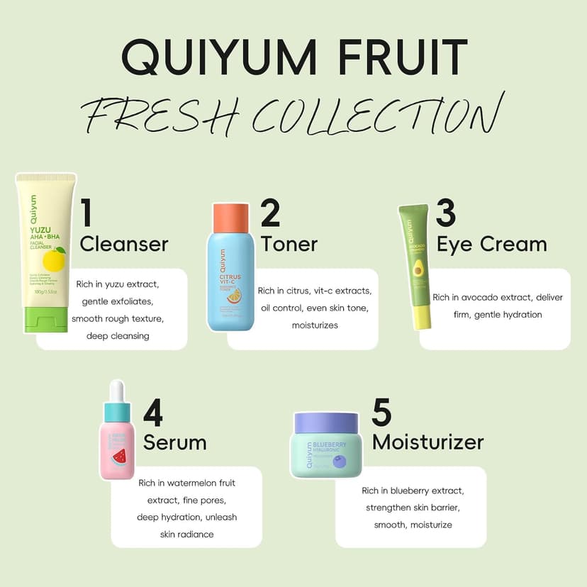 Exfoliation, Smooth, Clean, Oil Control, Smooth, Hydrate, Glow Up, Facial Skin Care Gift Set for Girls, for All Skin Types QUIYUM Fruit Skincare Set for Teen Girl, 5 Daily Routine Beauty Skin Care B0DYX1VBLV