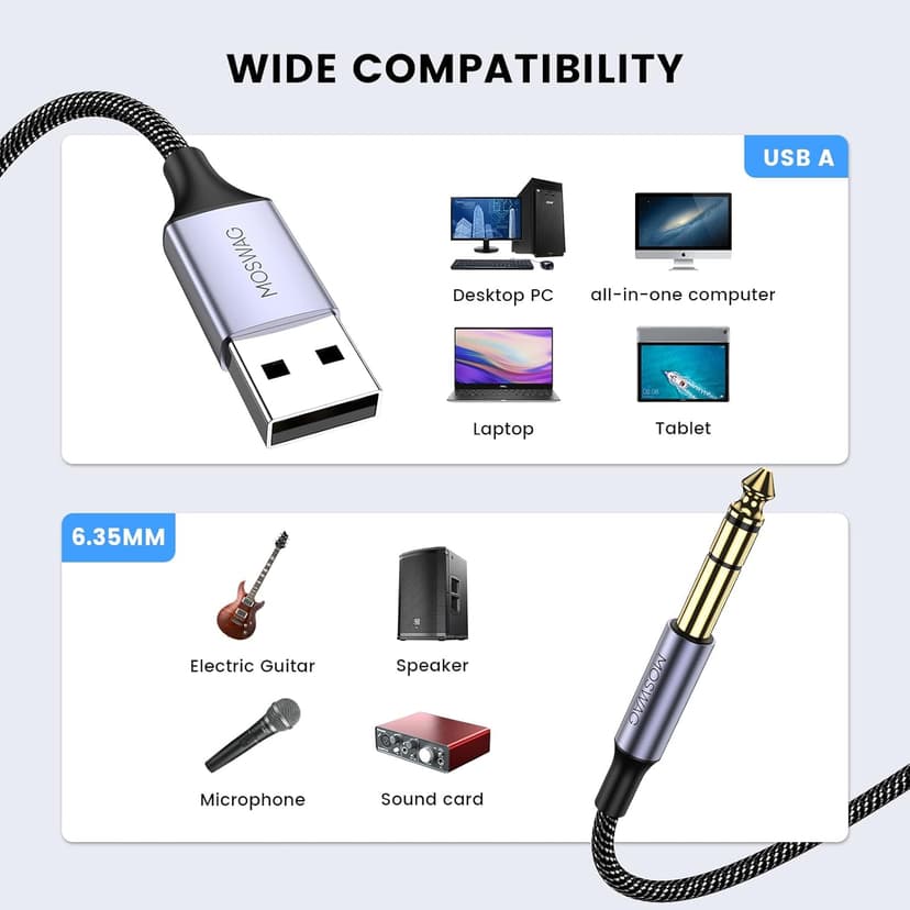 MOSWAG 3.3FT USB to 6.35 Audio Cable, USB to 1/4“ Guitar Cable with Recording Function for Guitar, Bass, Amplifier, Speakers (NOT for Xbox/RockSmith)