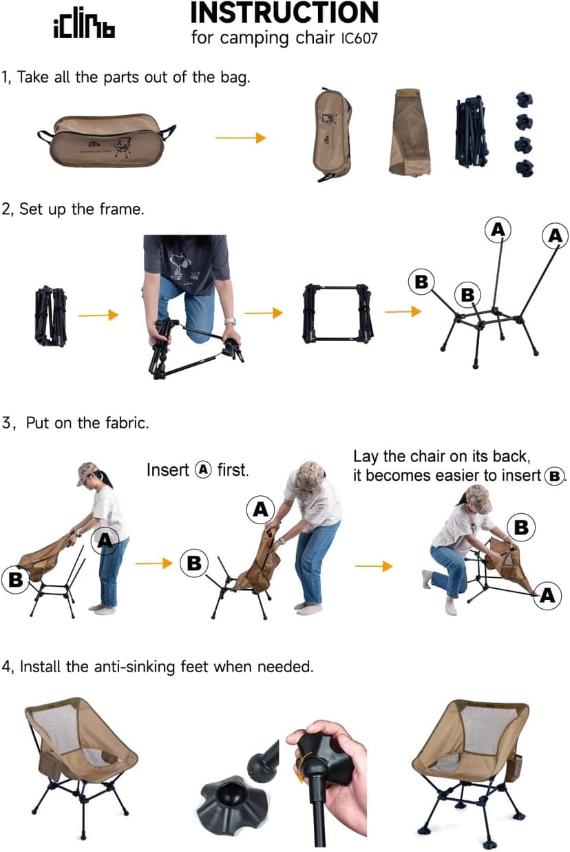 iClimb Ultralight Compact Camping Folding Beach Chair with Anti-Sinking Large Feet and Back Support Webbing (Black - Square Frame)