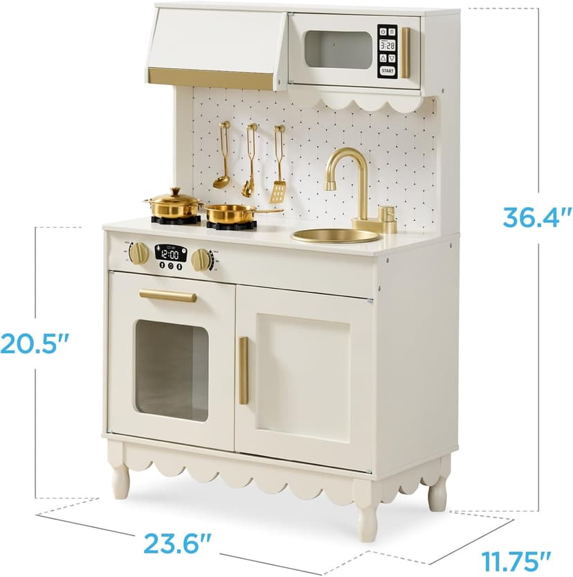 Best Choice Products Toddler Kitchen Playset, Wooden Cottage Kids Play Kitchen with 5 Accessories, Toy Storage, Scalloped Edge, and Pretend Play Microwave, Oven, Clicking Knobs - Cream
