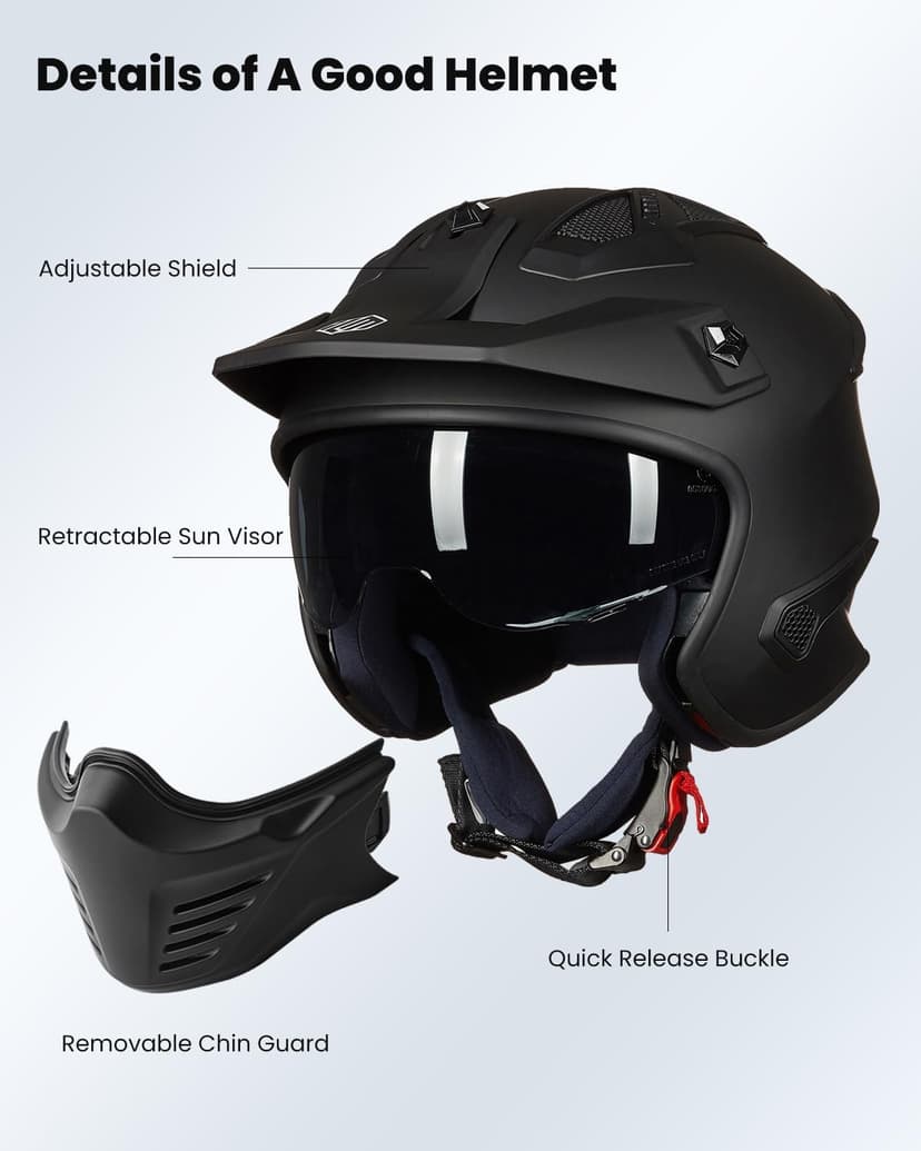 ILM Open Face Motorcycle 3/4 Half Helmet for Dirt Bike Moped ATV UTV Motocross Electric Cruiser Scooter DOT Model 726X(Matte Black,L)