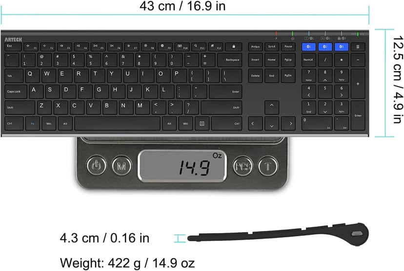 Arteck HB192 Universal Bluetooth Keyboard Multi-Device Stainless Steel Full Size Wireless Keyboard for Windows iOS Android Computer Desktop Laptop Surface Tablet Smartphone Rechargeable Battery