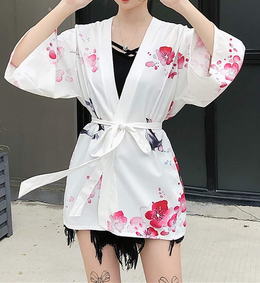 LAI MENG FIVE CATS Women's Floral Print Puff Sleeve Loose Blouse Japanese Kimono Cover up Casual Cute Tops
