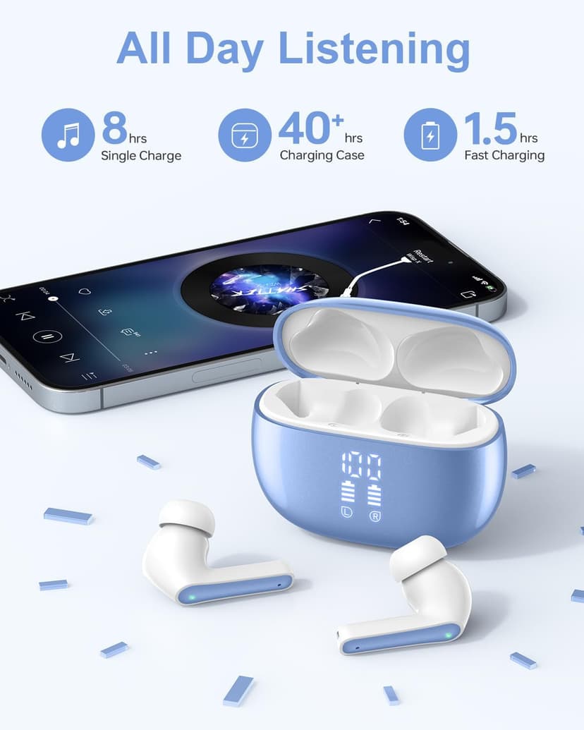HUIFU Wireless Earbuds, Bluetooth Ear Buds Headphones, 40H Long Playtime, Stereo Deep Bass, LED Power Display, IP7, Lightweight in Ear Earphone with Mic for iPhone Android Phone