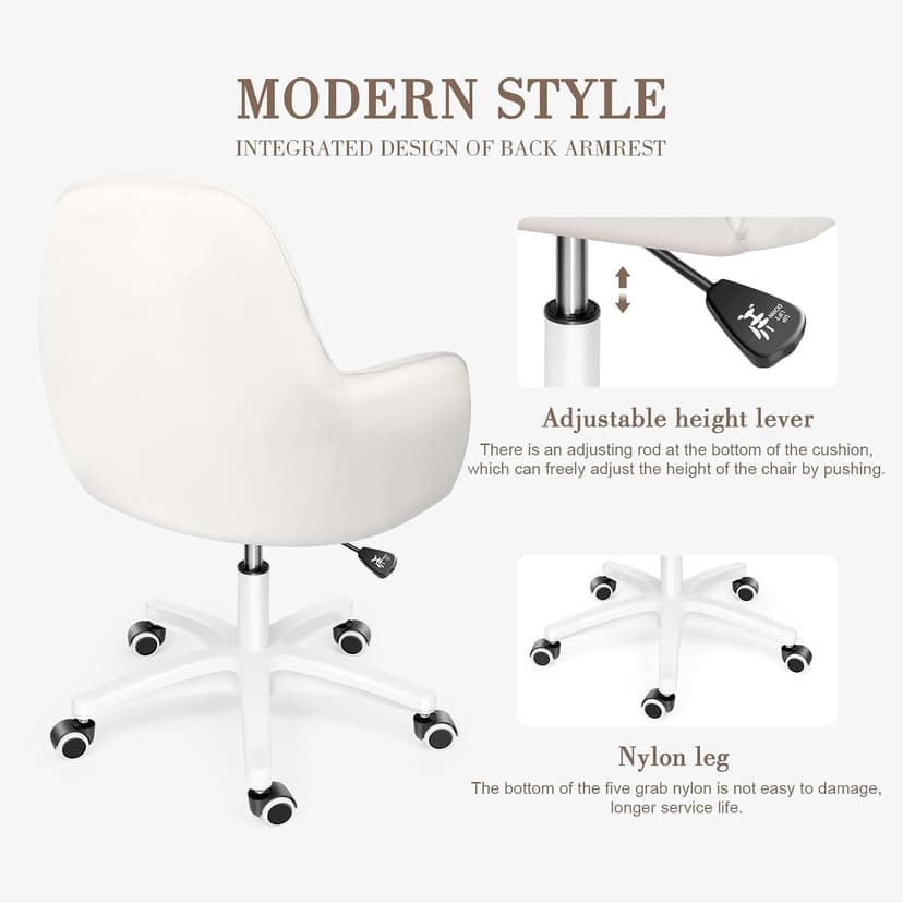 Mid Back Velvet Vanity Chair Swivel Rolling Desk Chair with Wheels, Modern Upholstered Makeup Chair for Women Girls, Computer Task Chair for Bedroom Living Room Office, White