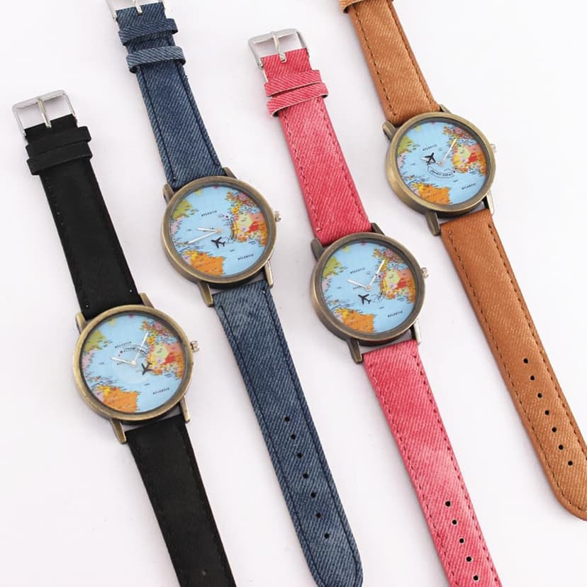 MINILUJIA Travel The World Watch Cool Unique Airplane Moving Flying World Map Watch with Black Jeans Color Watch Band Women Men Watch Small Wrist