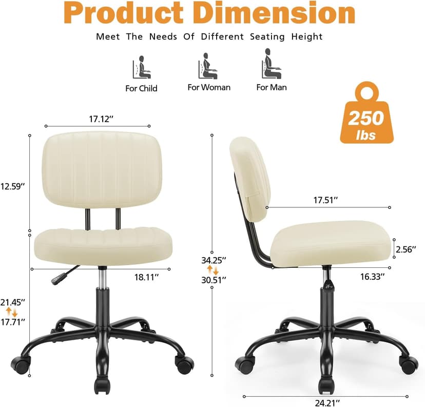Sweetcrispy Small Office Desk Chair - Armless PU Leather with Comfy Lumbar Support, Height Adjustable Rolling Swivel Task for No Arms, for Adult, Student, Bedroom, Home, Vanity, Beige White