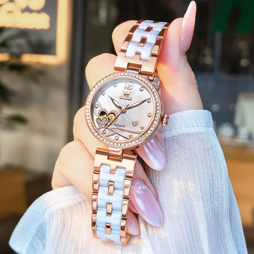 OLEVS Womens Watches Automatic Luxury Dress Ladies Watch Ceramic Strap Rose Gold Self Winding Female Wrist Watch