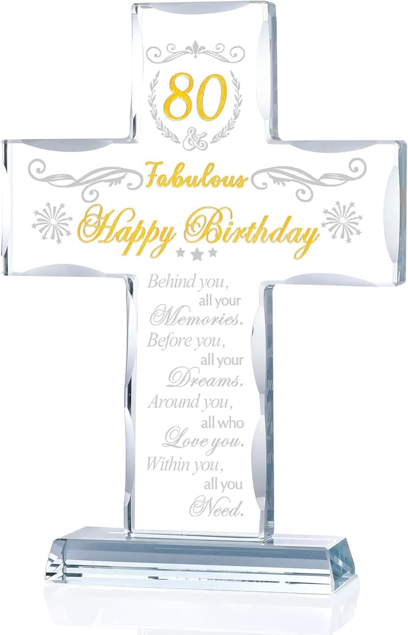 80th Birthday Religious Gifts for Women, Men, Friends, Grandma & Mom - Glass Stand Cross Engraved with 80 Year Old Birthday Blessing, Turning 80 Keepsake Home Decor