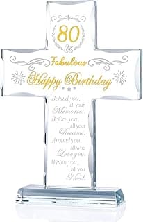 80th Birthday Religious Gifts for Women, Men, Friends, Grandma & Mom - Glass Stand Cross Engraved with 80 Year Old Birthday Blessing, Turning 80 Keepsake Home Decor