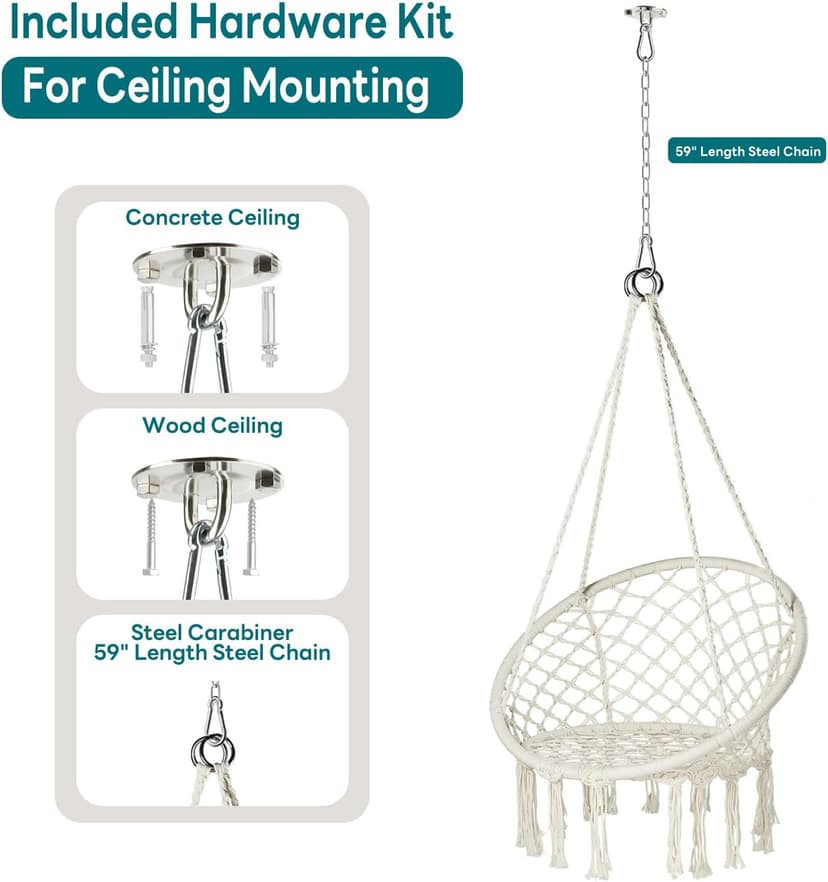 JoyView Macrame Hammock Chair Hanging Swing Chair Max 330 Lbs with 2 Cushions and Hardware Kits for Indoor Outdoor Bedroom Patio Garden - Beige